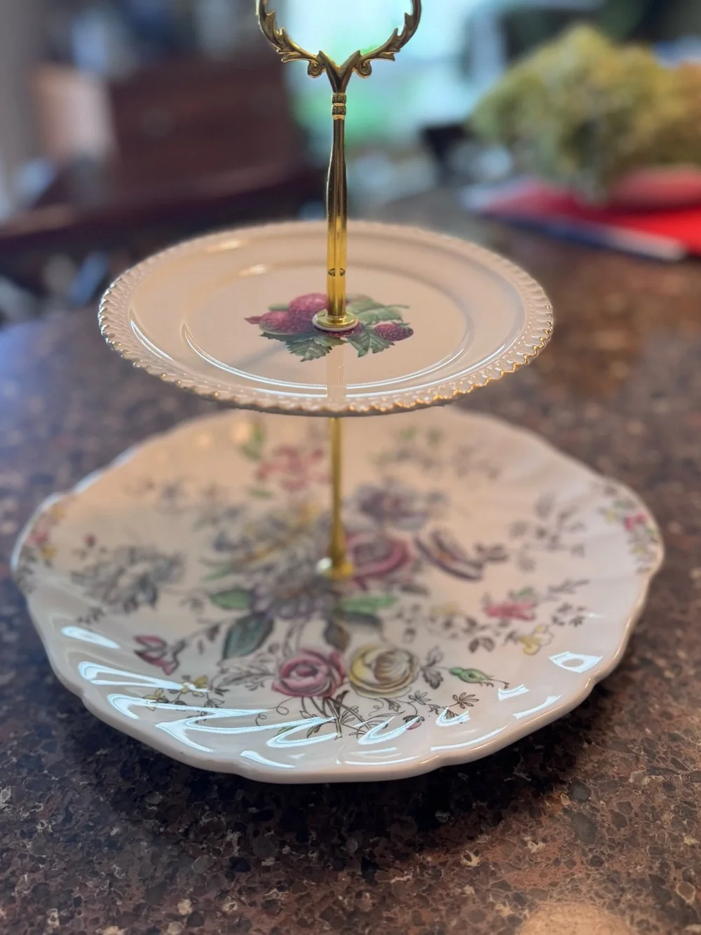 Vintage Two-Tier Floral Porcelain Serving Stand in White and Gold